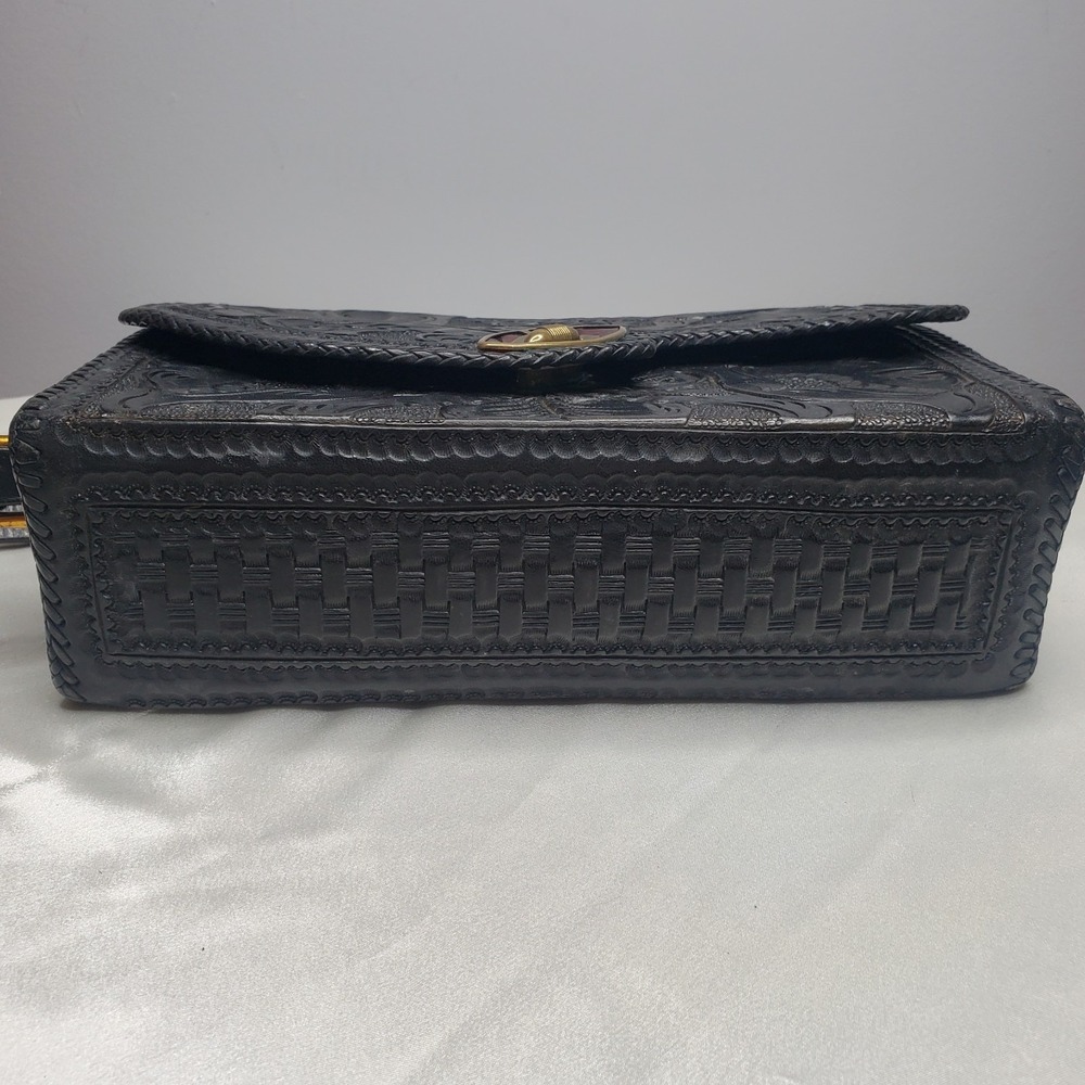 Hand Tooled Black Leather Purse 50's 60's Vintage Cowgirl Western Floral Print - Picture 9 of 9